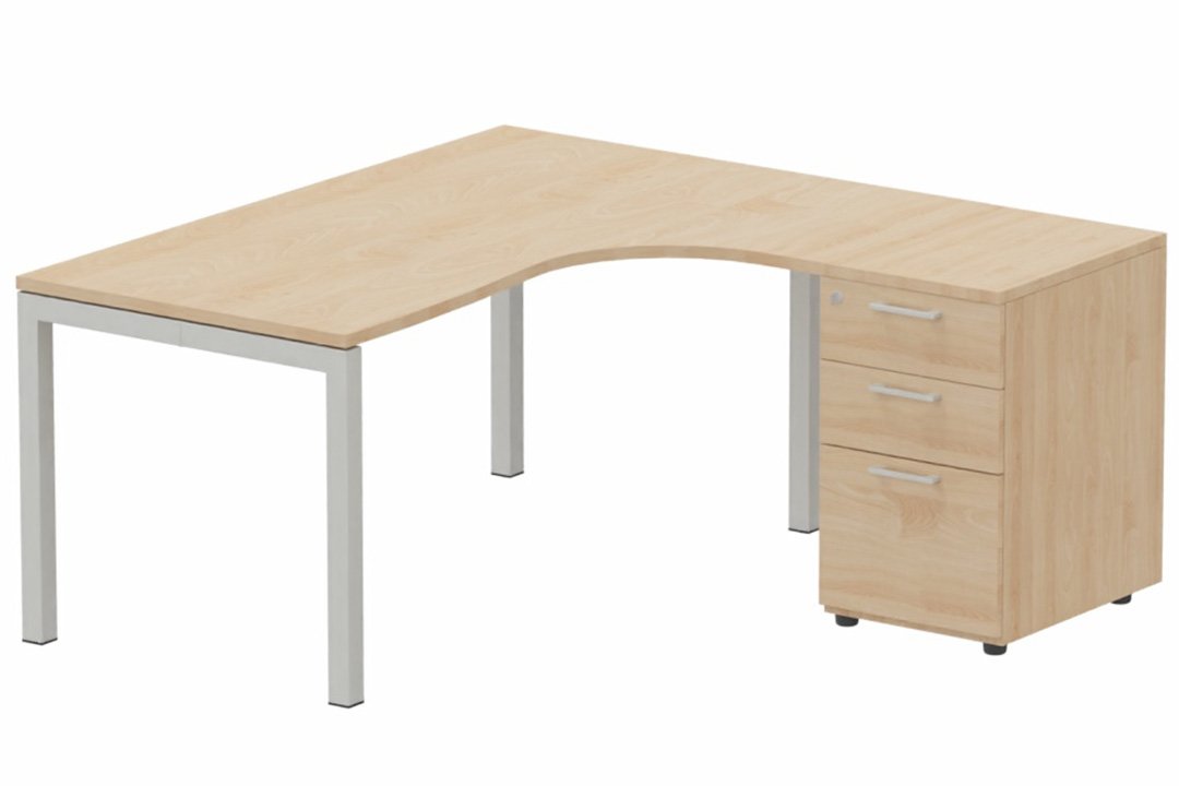 Plan Compact 90° asymétrique 160x162x80/60cm retour à droite avec caisson HB bois 3 tiroirs hêtre/aluminium