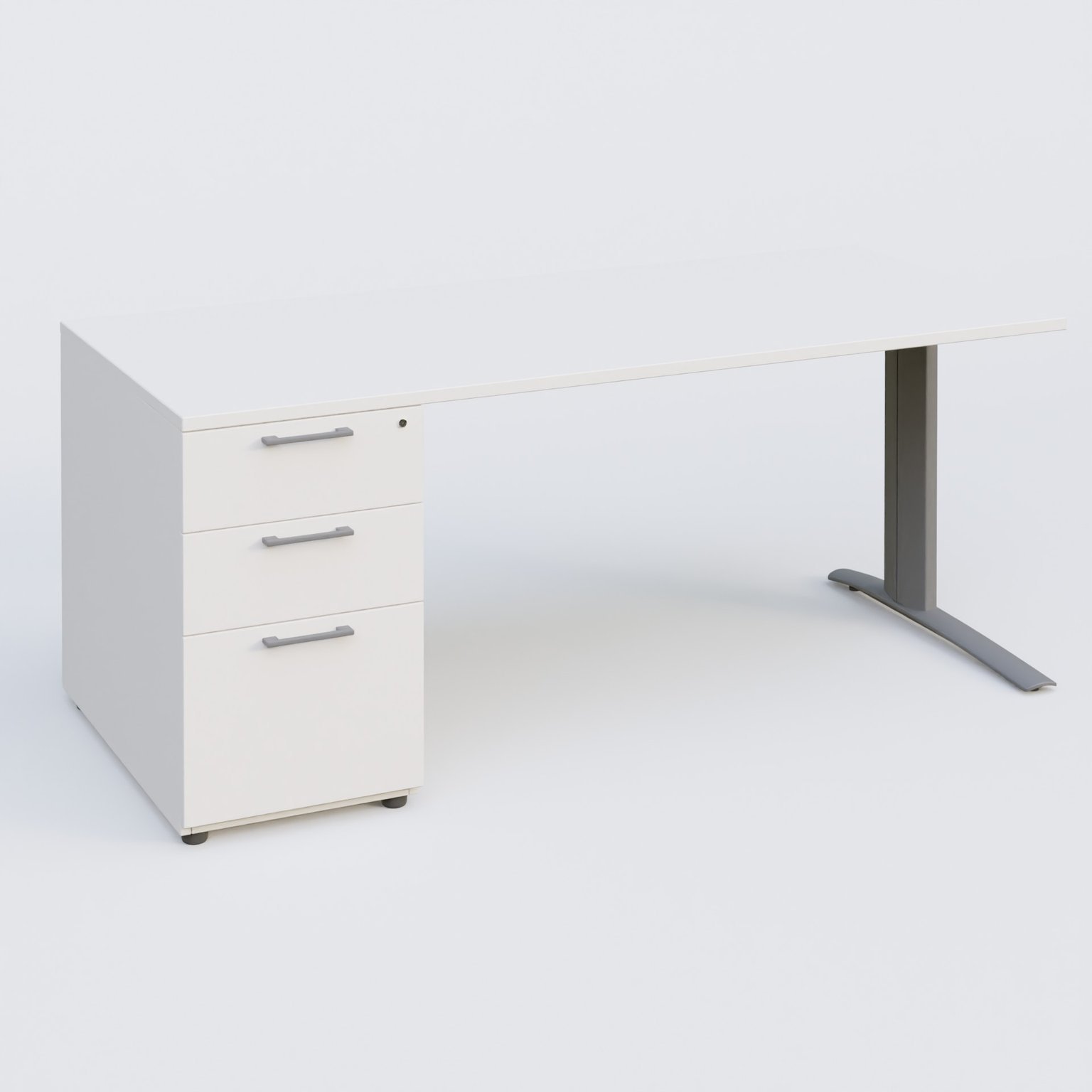 K1 Plateau droit 160x80 avec caisson porteur sous plateau mélamine à gauche. Plateau Blanc et pietement Aluminium
