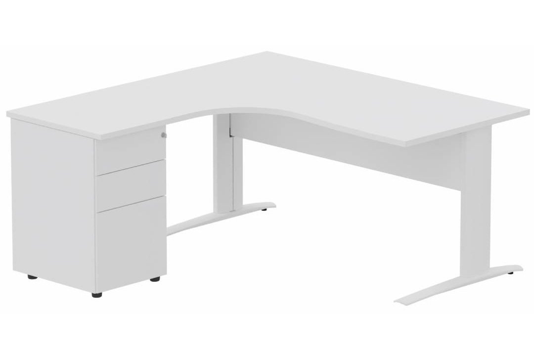 K1 VDF BOIS Compact 90° asymétrique 160x162x80/60cm retour à gauche avec caisson HB métal 3 tiroirs blanc/blanc - sur délai