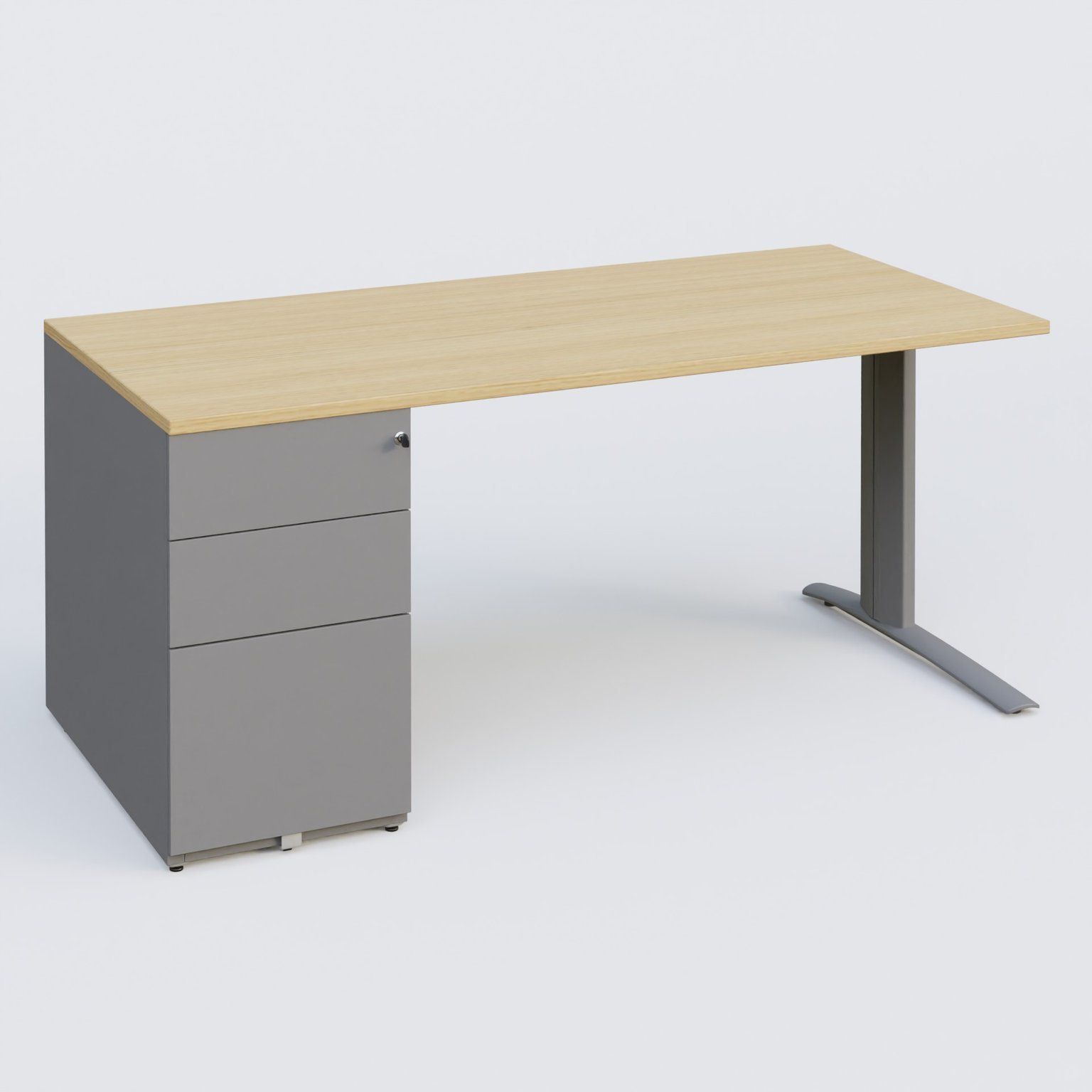 K1 Plateau droit 180x80 avec caisson métal porteur sous plateau à gauche. Plateau Chêne clair et pietement Aluminium