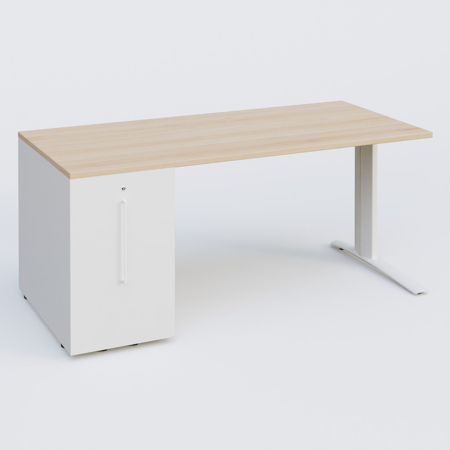 K1 Plateau droit 180x80 avec tour de rangement sous plateau à gauche. Plateau Hêtre et pietement Blanc