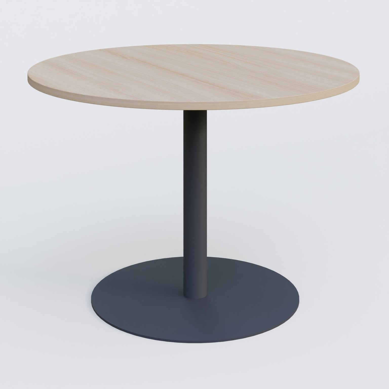 Table ronde diametre 110 cm avec pieds colonne centrale. Plateau Acacia et pietement Anthracite
