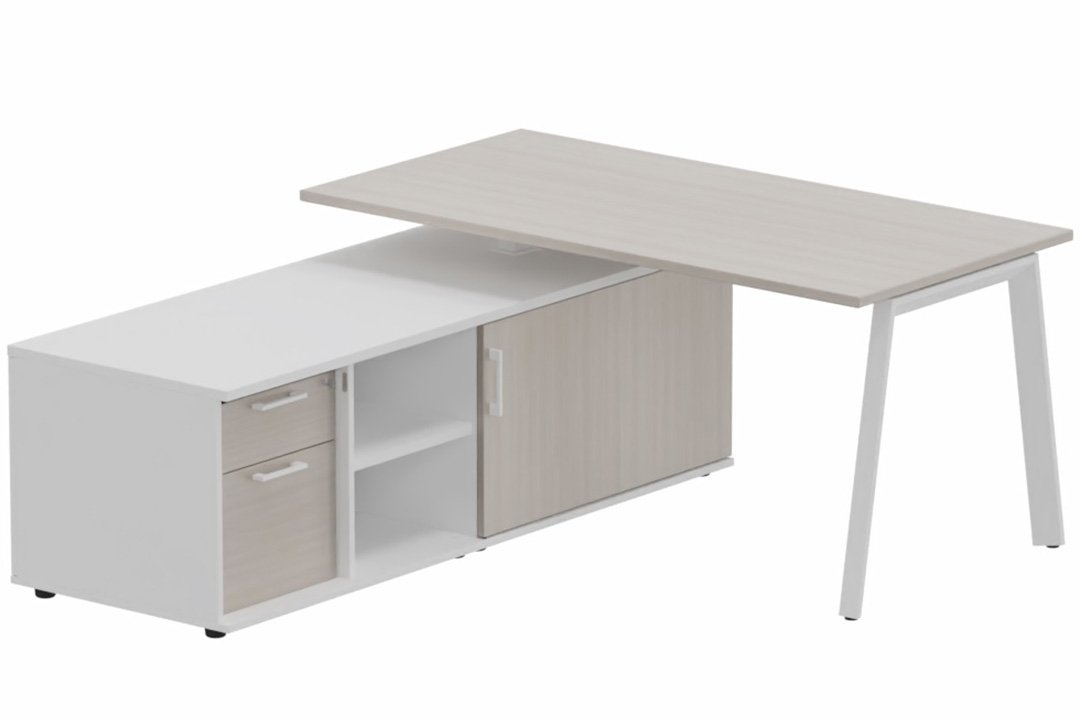 K8 Plan 180x80 avec meuble porteur (L180xP64) avec caisson 2T dont 1 DS intégré - meuble à gauche - -Finitions = Plateau et top de finition : Acacia /Piétement :Blanc (BL) / Corps du meuble et séparation : blanc /Façade : Acacia