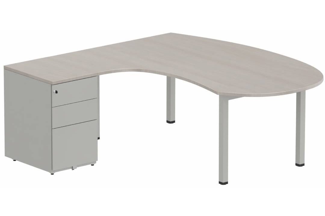 K3 compact 90° manager 190x141x104x60cm sur caisson HB métal 3 tiroirs, plateau acacia, structure aluminium
