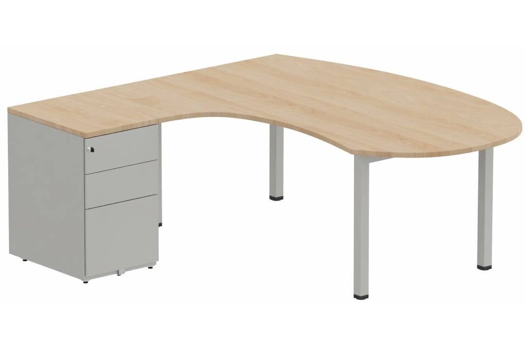 K3 compact 90° manager 190x141x104x60cm sur caisson HB métal 3 tiroirs, plateau hêtre, structure aluminium