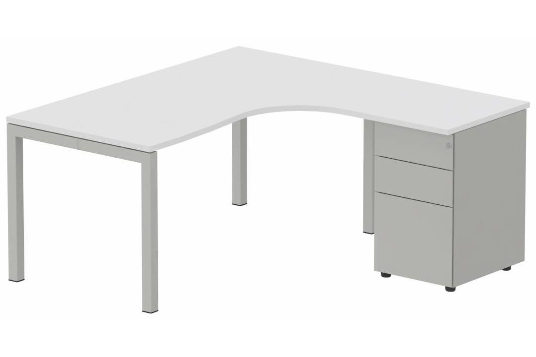 Plan Compact 90° asymétrique 160x162x80/60cm retour à droite avec caisson HB métal 3 tiroirs blanc/aluminium - sur délai