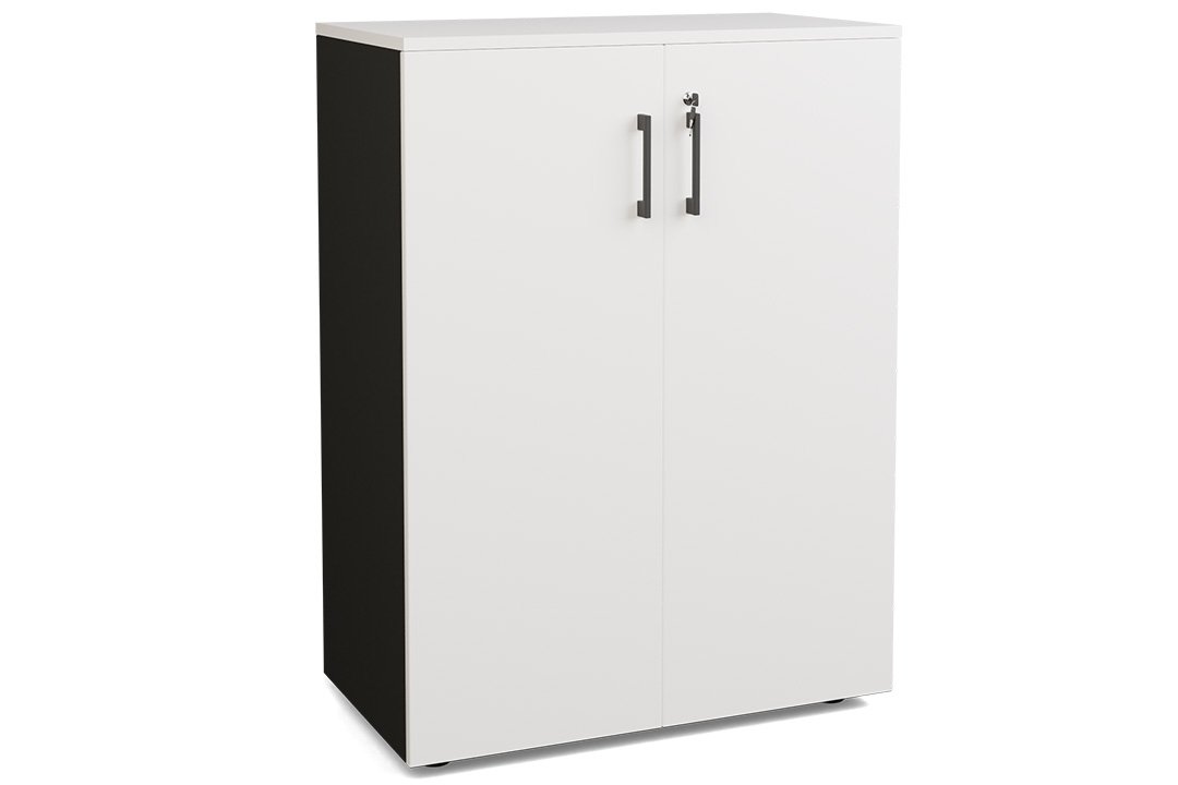 Armoire mélamine H102XL100 cm portes bois, Finitions= Top de finition : NOIR / Corps d'armoire et tablettes : Blanc (BL)/ Façade : BLANC, poignées noires