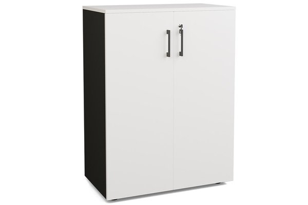 ARMOIRES PORTES BATTANTES - Mélaminés - Armoire mélamine H102XL100 cm portes bois, Finitions= Top de finition : NOIR / Corps d'armoire et tablettes : Blanc (BL)/ Façade : BLANC, poignées noires