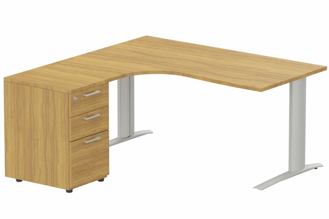k1 Poutre - Plan compact 90° asymétrique 160x162x80 / 60cm avec caisson HB bois 3 tiroirs - retour à gauche -Finitions : PLATEAUX: NOYER (NO) / PIETEMENTS: ALUMINIUM (AL) / CAISSONS MELAMINE: NOYER (NO)
