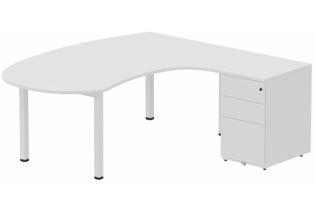 K3 compact 90° manager 190x141x104x60cm sur caisson HB métal 3 tiroirs, plateau blanc, structure blanc