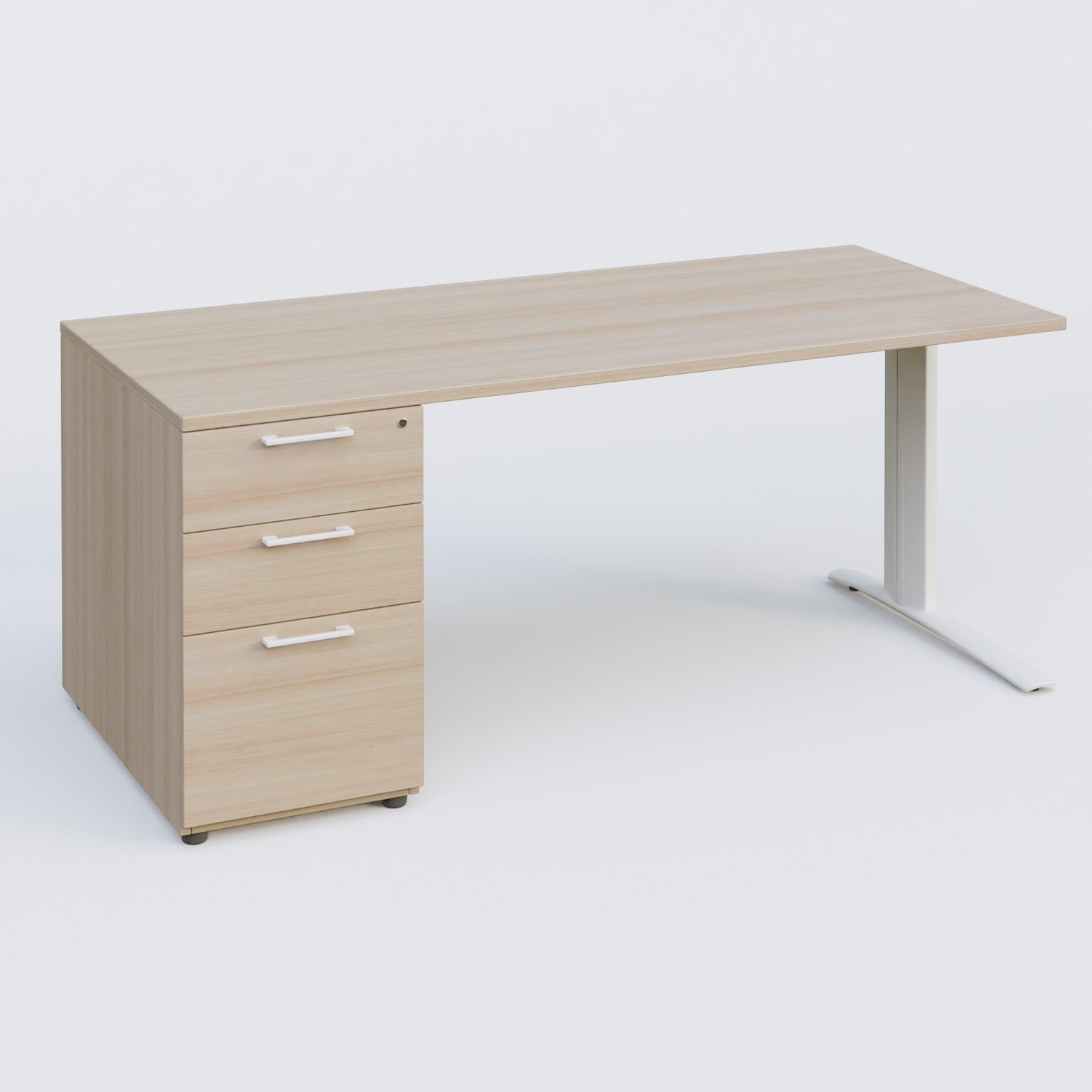 K1 Plateau droit 160x80 avec caisson porteur sous plateau mélamine à gauche. Plateau Acacia et pietement Blanc