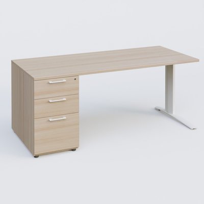 [Pas de famille] - [Pas de sous famille] - K1 Plateau droit 180x80 avec caisson porteur sous plateau mélamine à gauche. Plateau Acacia et pietement Blanc