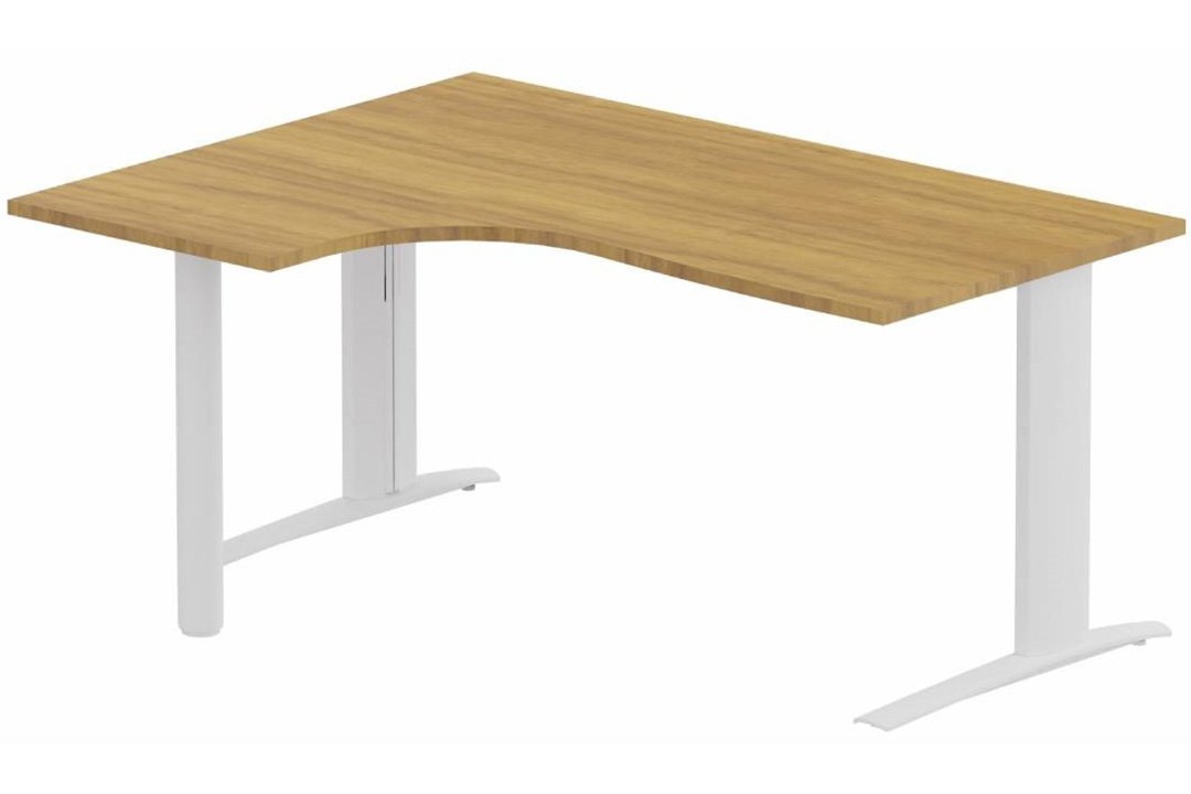 k1 Poutre - Plan compact 90° asymétrique 160x120x80 / 60cm, pied de soutien sous retour à gauche  -Finitions : PLATEAUX: NOYER (NO) / PIETEMENTS: BLANC (BL)