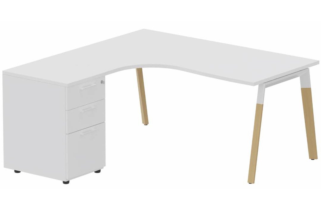 K8Wood Plan compact 90° asymétrique 160x162x80/60cm avec caisson HB bois 3 tiroirs - retour à gauche