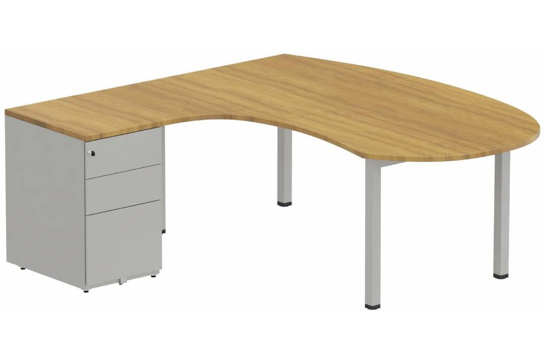 K3 compact 90° manager 190x141x104x60cm sur caisson HB métal 3 tiroirs, plateau NOYER, structure ALUMINIUM