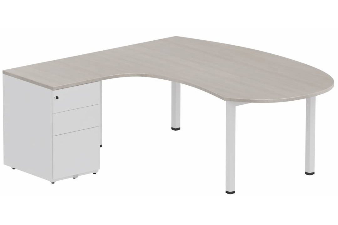 K3 compact 90° manager 190x141x104x60cm sur caisson HB métal 3 tiroirs, plateau acacia, structure blanc