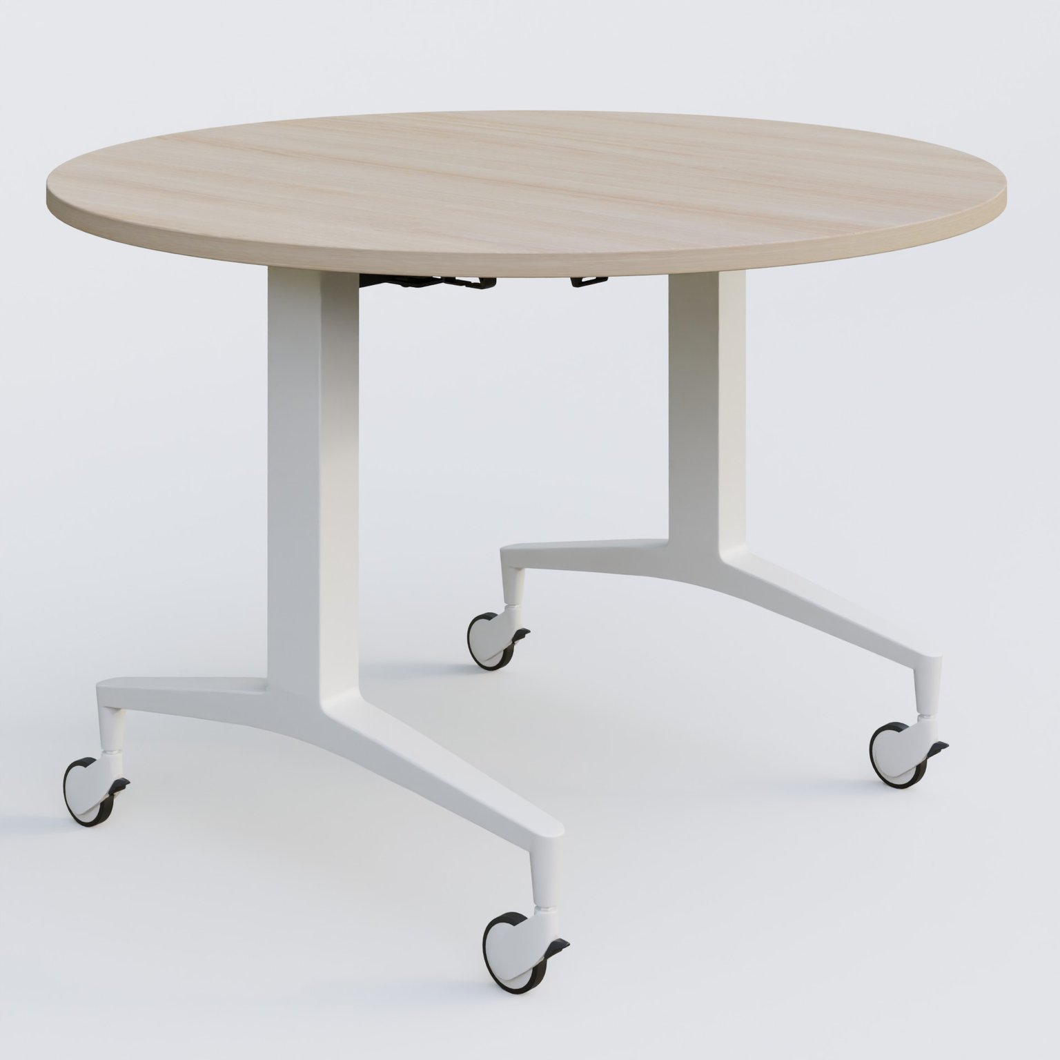 Table ronde de la gamme LEM D110 cm. Plateau Acacia et pietement Blanc.