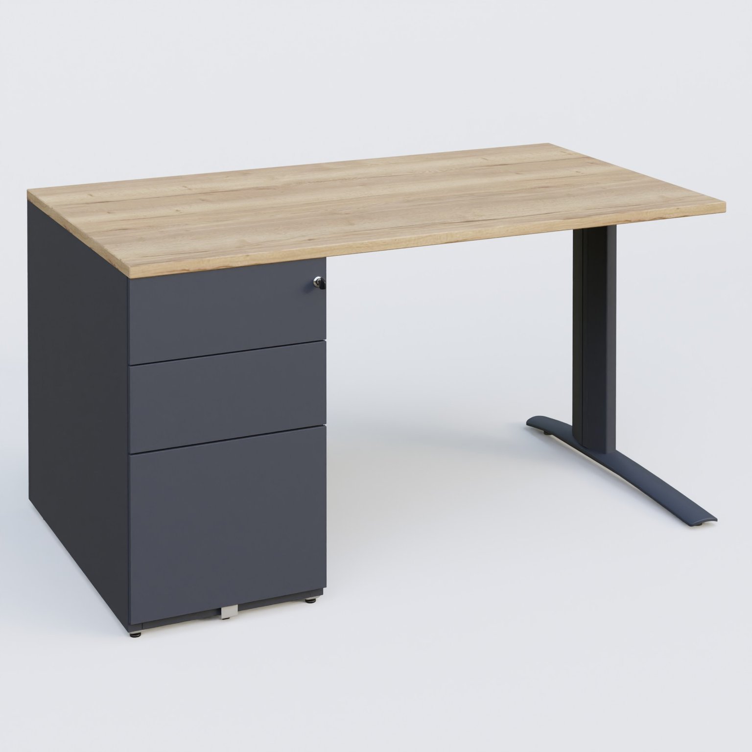 K1 Plateau droit 140x80 avec caisson métal porteur sous plateau à gauche. Plateau Chêne naturel et pietement Anthracite