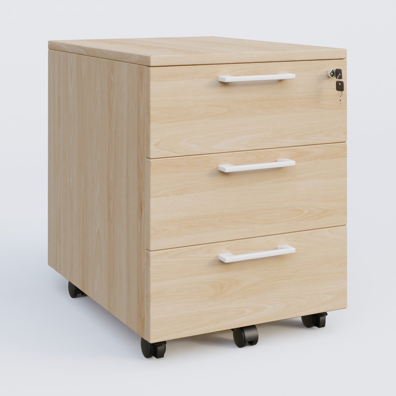 Caisson mobile mélamine 3 tiroirs, hauteur 55 cm. Caisson Hêtre et poignets Blanc.