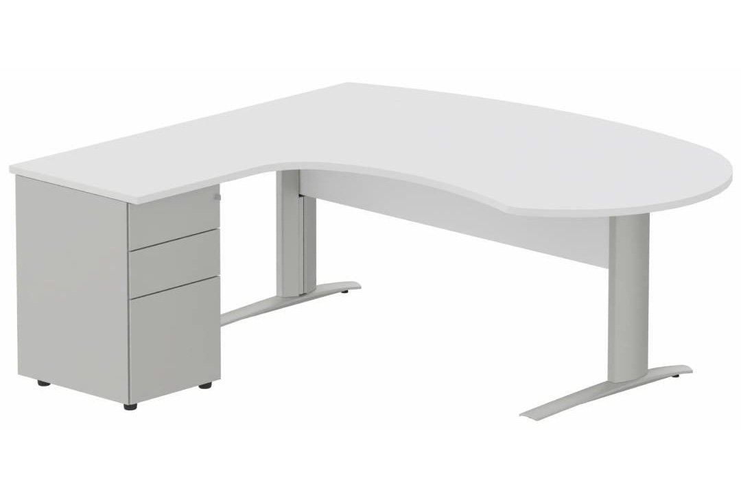 K1 VDF bois compact 90° manager 190x141x104x60cm sur caisson HB métal 3 tiroirs, plateau blanc, structure aluminium
