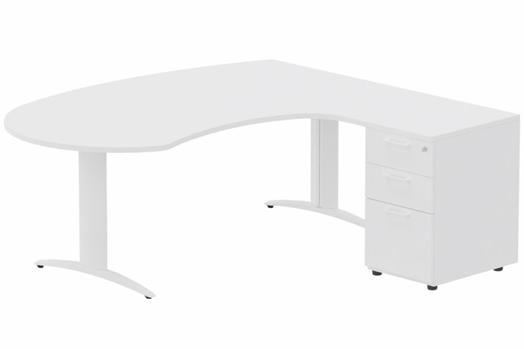 K2 compact 90° manager 190x141x104x60cm sur caisson HB mélamine 3 tiroirs, plateau blanc, structure blanc