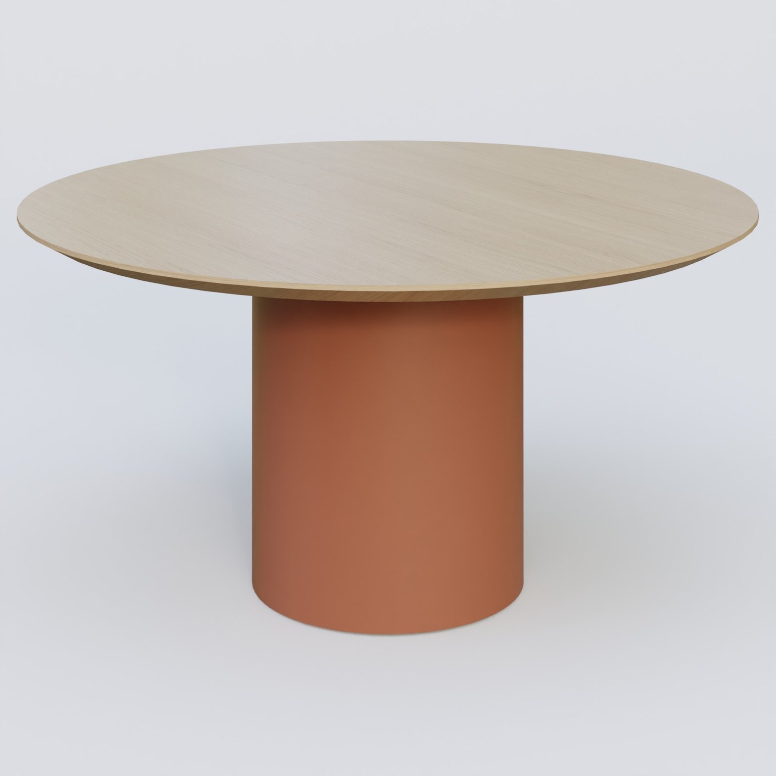 Table Basse Fashion Styl piètement colonne en métal D-26cm et plateau bois. Plateau Chêne et pietement Brun cuivré (RAL 8004).
