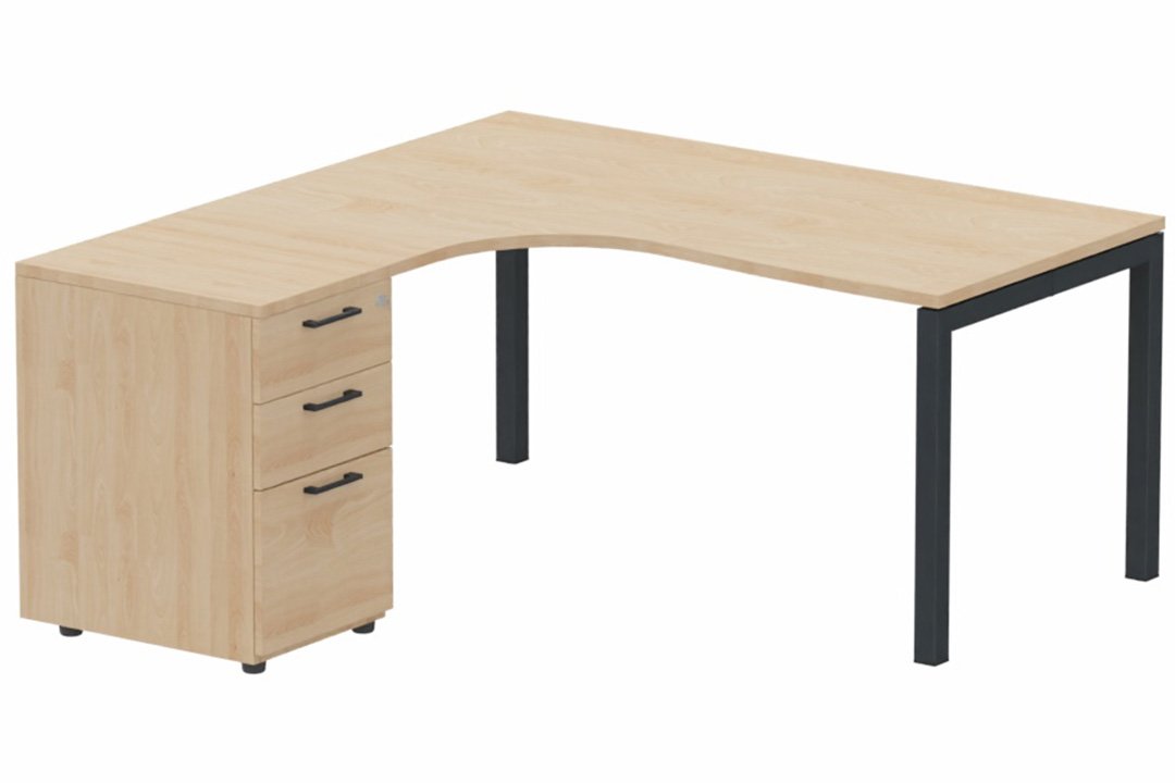 Plan Compact 90° asymétrique 160x162x80/60cm retour à gauche avec caisson HB bois 3 tiroirs hêtre/anthracite