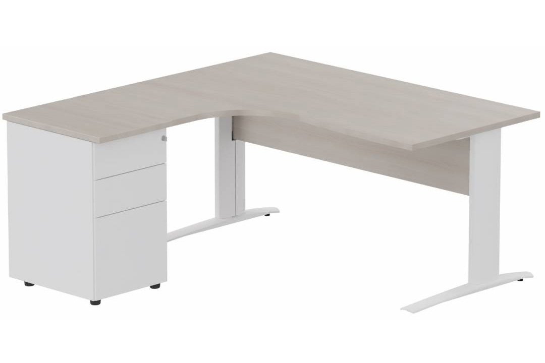 K1 VDF BOIS Compact 90° asymétrique 160x162x80/60cm retour à gauche avec caisson HB métal 3 tiroirs, plateau acacia, structu