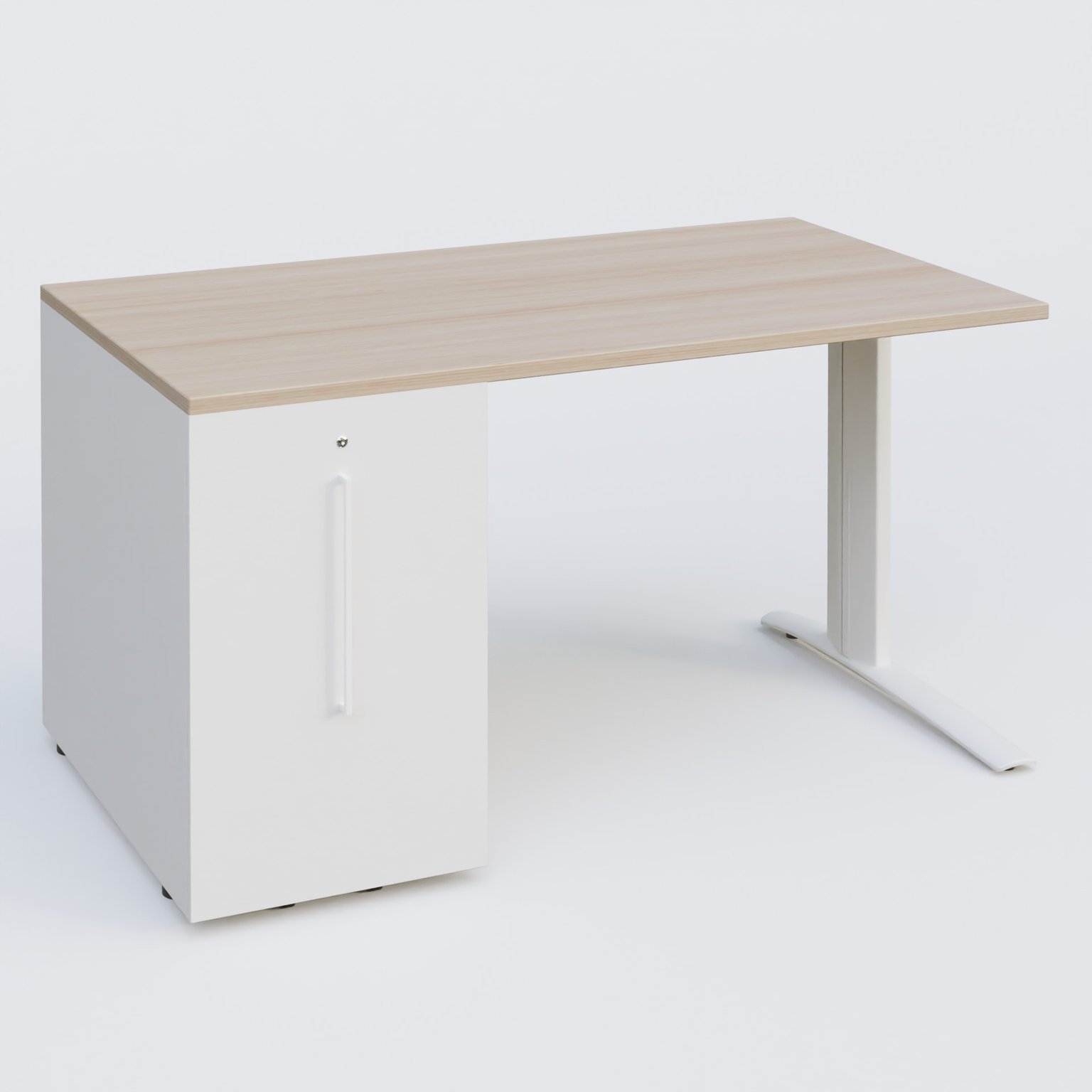 K1 Plateau droit 140x80 avec tour de rangement sous plateau à gauche. Plateau Acacia et pietement Blanc
