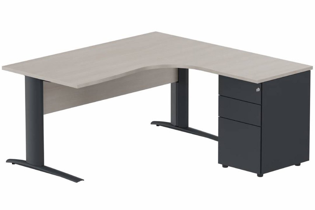 K1 VDF BOIS Compact 90° asymétrique 180x162x80/60cm retour à droite avec caisson HB métal 3 tiroirs, plateau acacia, structu
