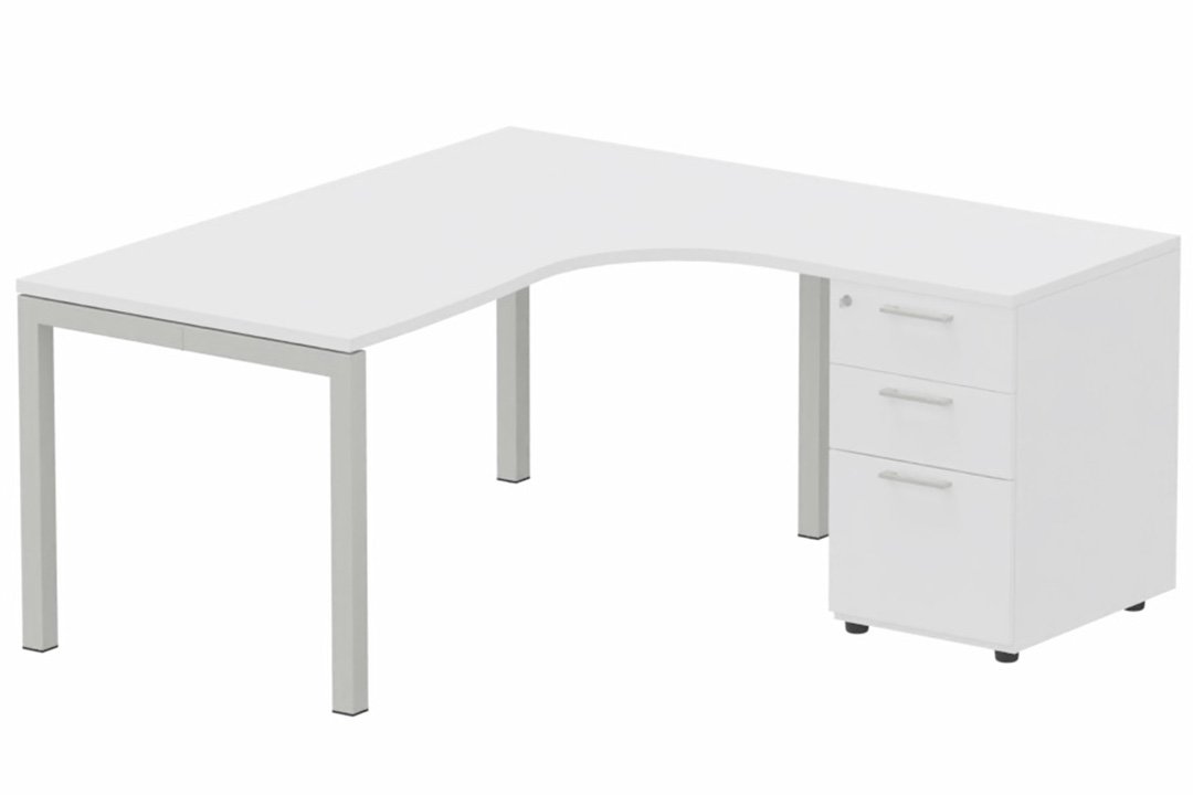 Plan Compact 90° asymétrique 180x162x80/60cm retour à droite avec caisson HB bois 3 tiroirs blanc/aluminium - sur délai