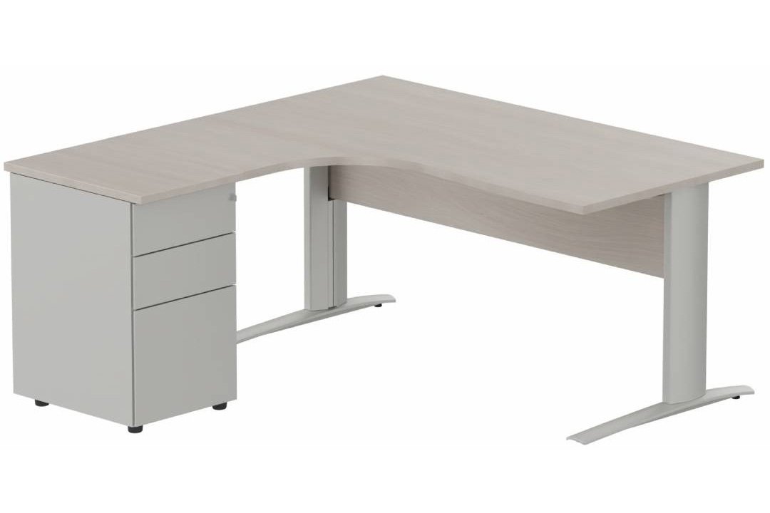 K1 VDF BOIS Compact 90° asymétrique 160x162x80/60cm retour à gauche avec caisson HB métal 3 tiroirs, plateau acacia, structu