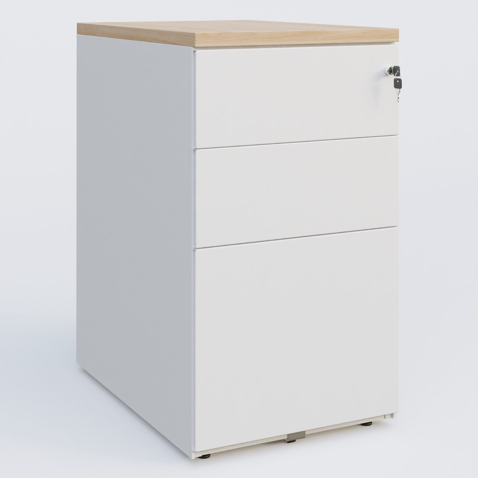 Caisson hauteur de bureau métalique 3 tiroirs avec top de finition, profondeur 60cm. Plateau Hêtre et caisson Blanc.