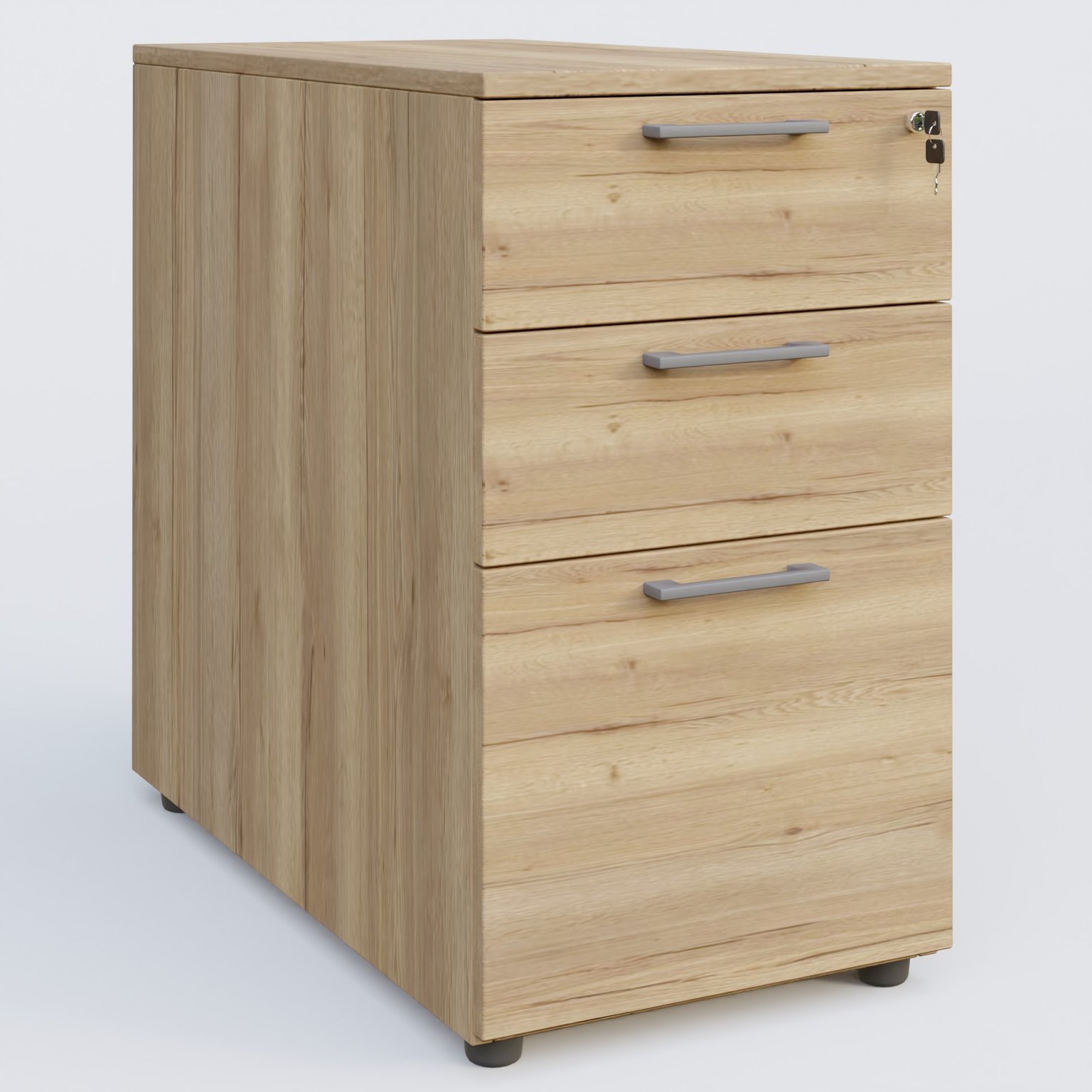 Caisson hauteur de bureau mélamine 3 tiroirs, profondeur 60cm. Caisson Chêne naturel et poignets Aluminium.