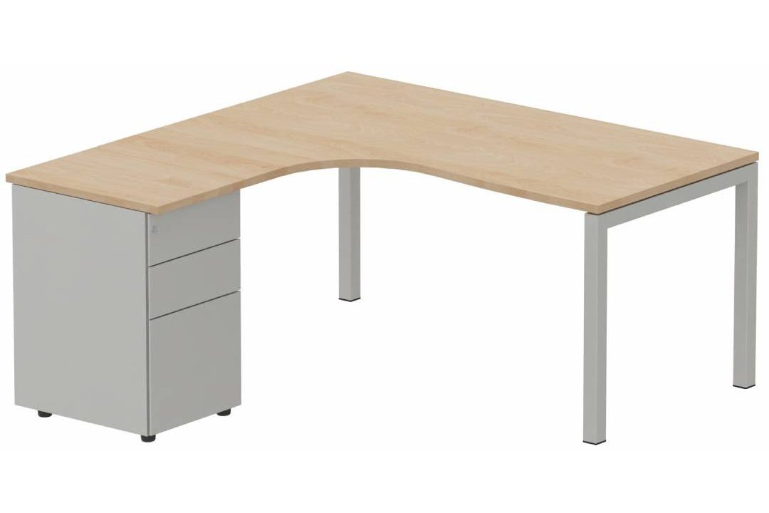 Plan Compact 90° asymétrique 160x162x80/60cm retour à gauche avec caisson HB métal 3 tiroirs hêtre/aluminium