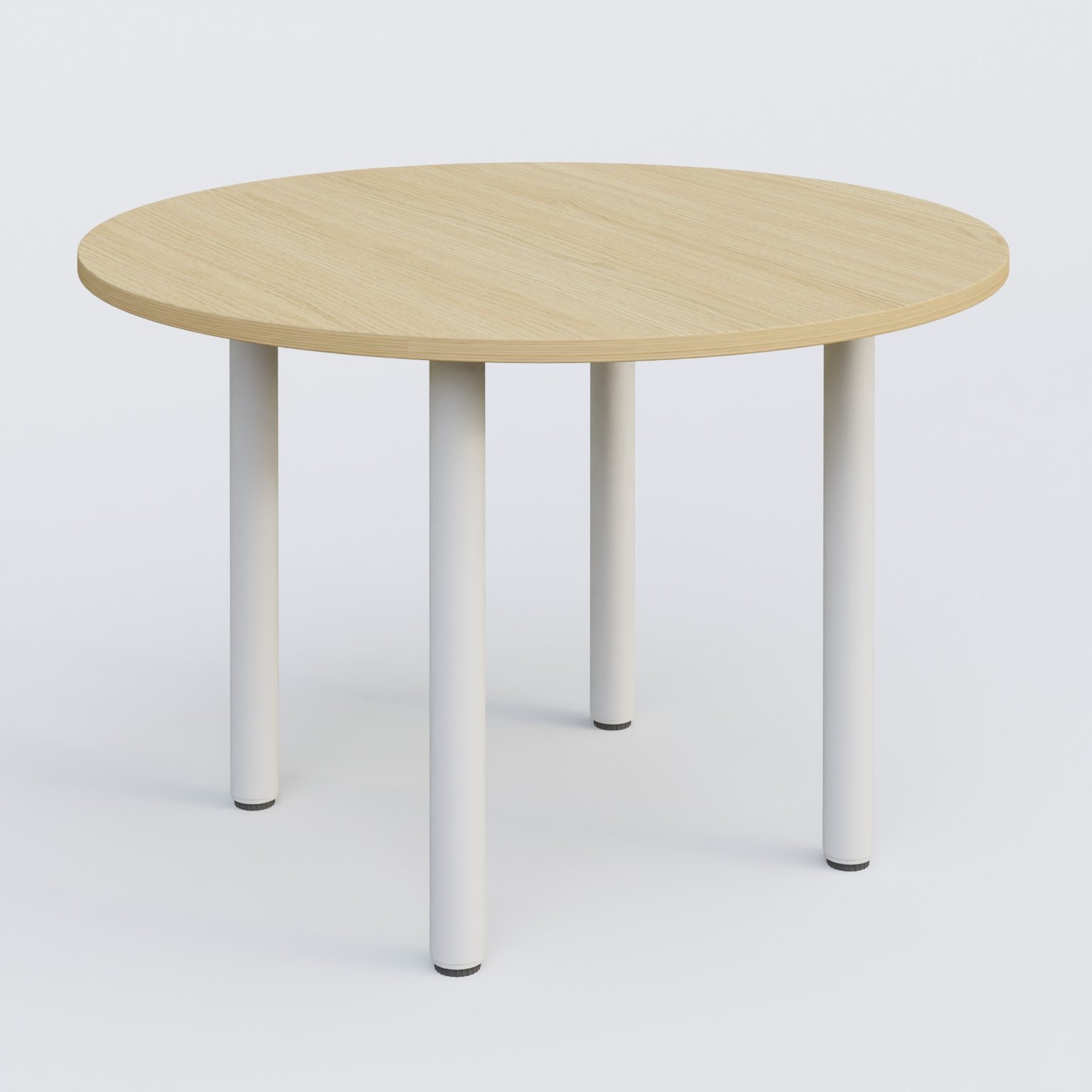 Table ronde diametre 110 cm avec quatres pieds fixes. Plateau Chêne clair et pietement Blanc