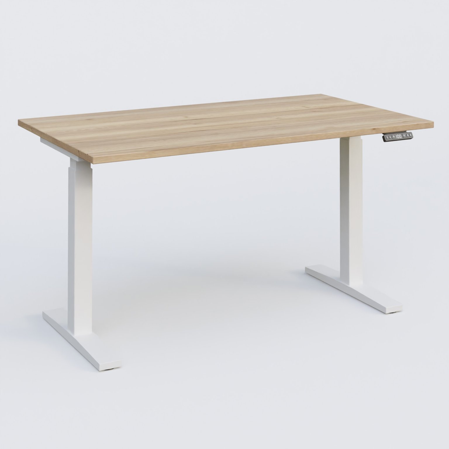 Poste solo 140*80 réglable en hauteur éléctriquement de 70-120 cm gamme KPro2. Plateau Chêne naturel et pietement Blanc.