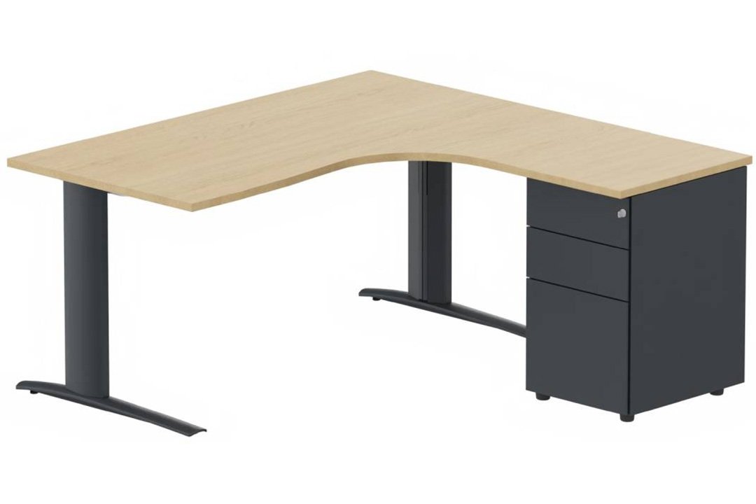 k1 Poutre - Plan compact 90° asymétrique 160x162x80 / 60cm avec caisson HB métal 3 tiroirs - retour à droite -Finitions : PLATEAUX: CHENE (CE) / PIETEMENTS: ANTHRACITE (AN) / CAISSONS METALLIQUES: ANTHRACITE (AN)