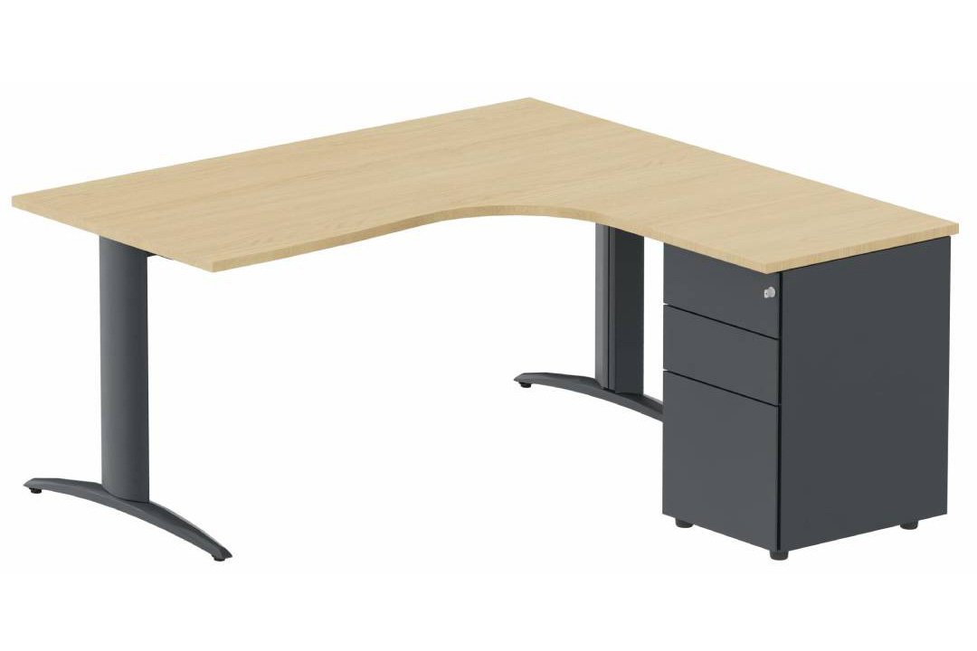 K2- Plan compact 90° asymétrique 160x162x80/60cm avec caisson HB métal 3 tiroirs - retour à droite -Finitions = Plateau et top de finition : Chêne (CE) / Piétements : anthracite (An) / Caisson :anthracite (An)