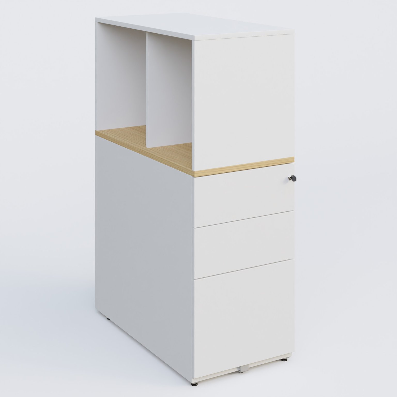 Caisson HB 3 tiroirs avec niche. Caisson Blanc top de finition Chêne clair et niche blanche.