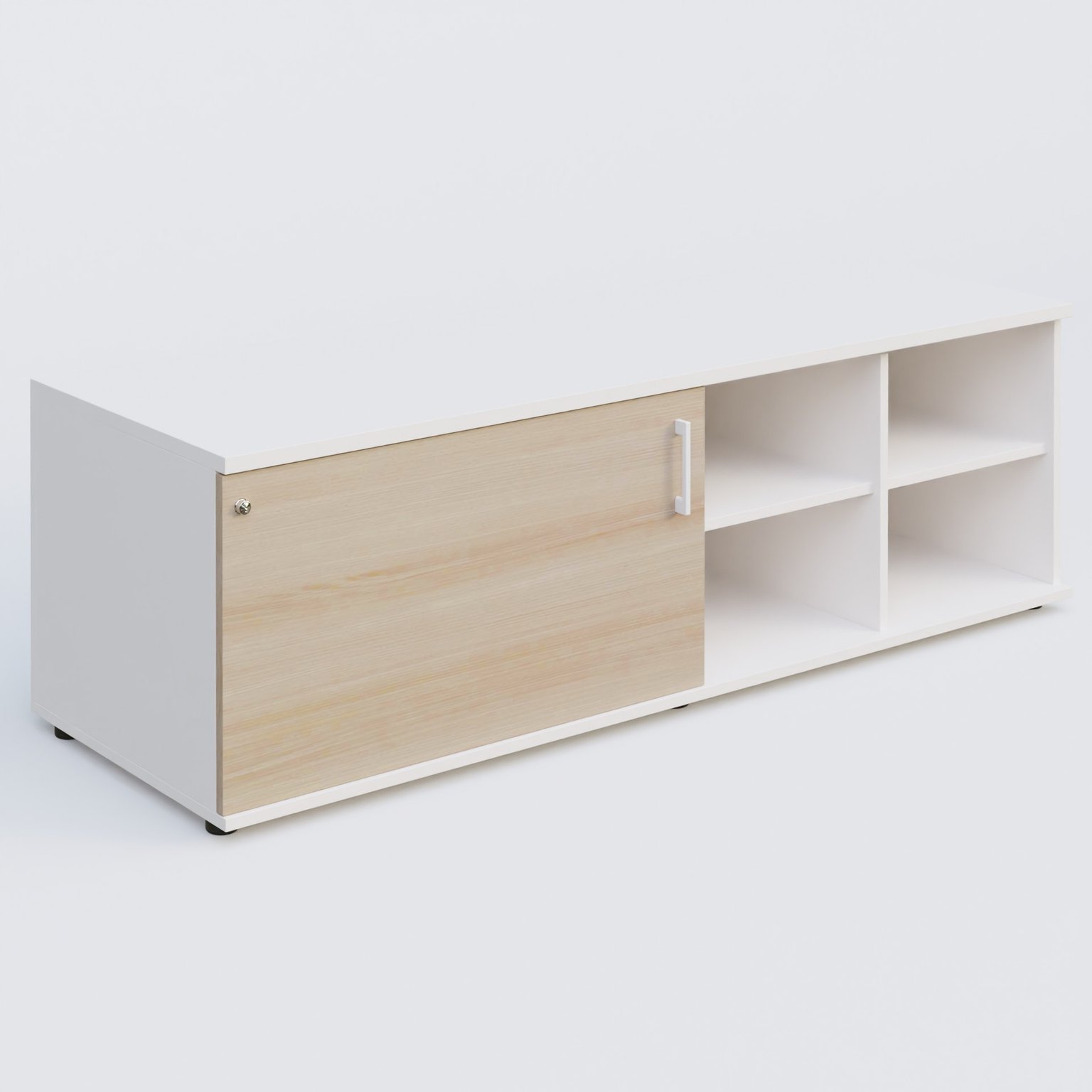 Caisson USE ME sans caisson, porte à gauche. Caisson Blanc et portes Acacia.