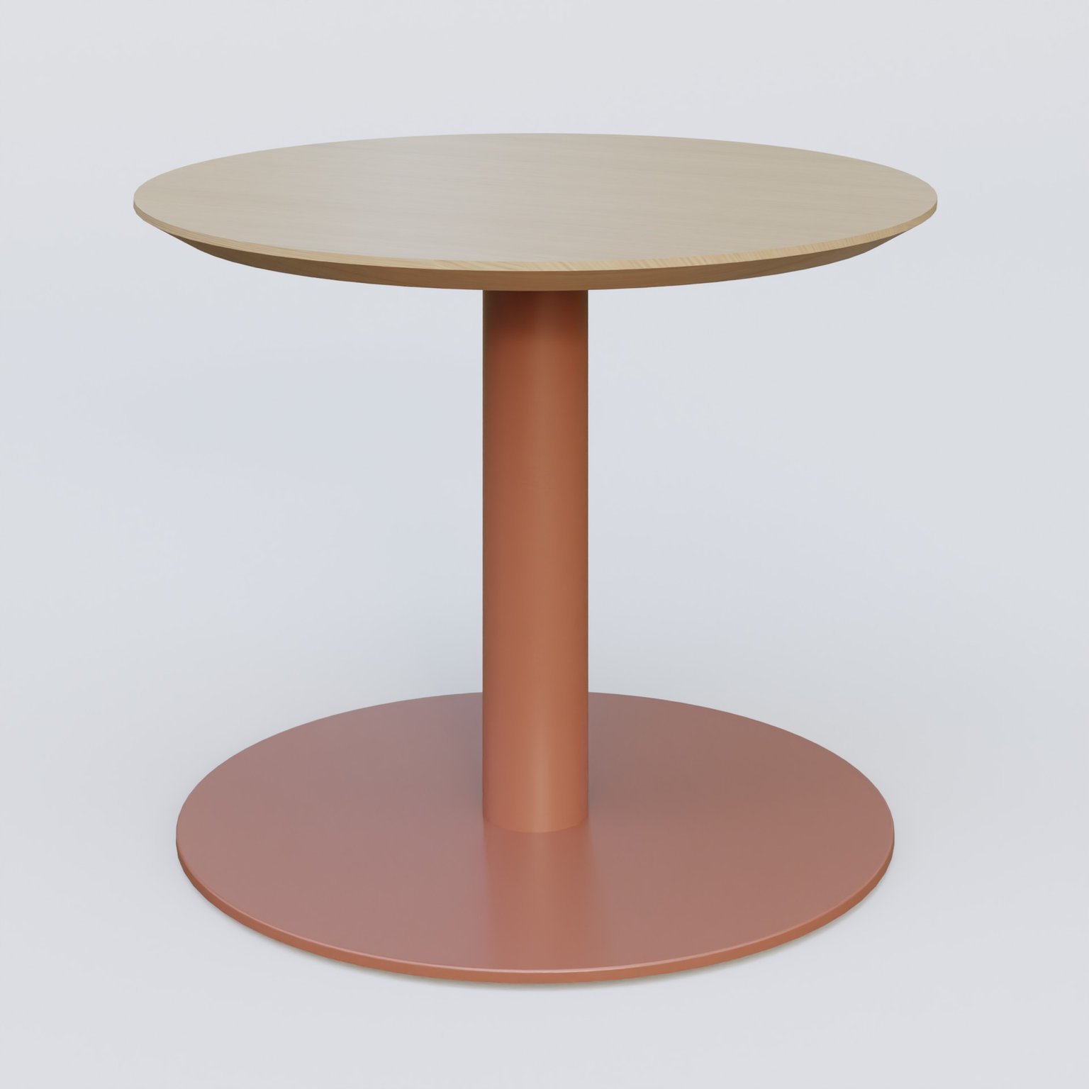 Table Basse Fashion Styl piètement colonne en métal et plateau bois. Plateau Chêne et pietement Brun cuivré (RAL 8004).