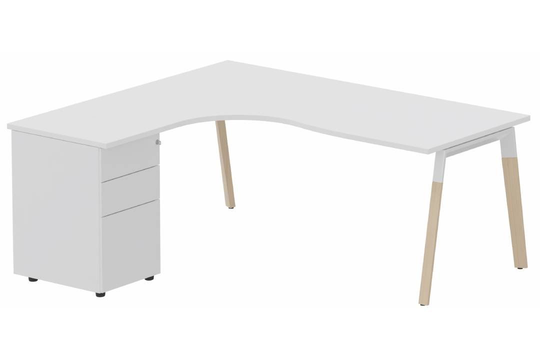 K8Wood Plan compact 90° asymétrique 160x162x80/60cm avec caisson HB métal 3 tiroirs - retour à gauche