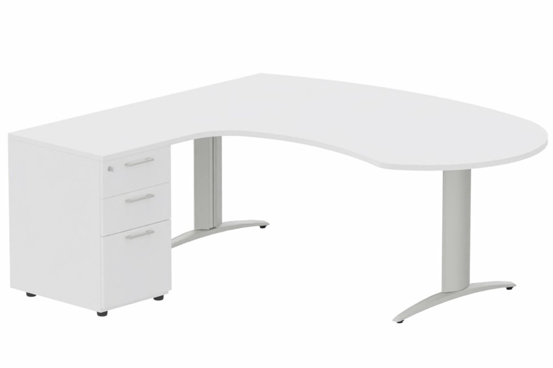K2 compact 90° manager 190x141x104x60cm sur caisson HB mélamine 3 tiroirs, plateau blanc, structure aluminium