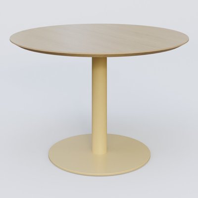 [Pas de famille] - [Pas de sous famille] - Table Basse Fashion Styl piètement colonne en métal et plateau bois. Plateau Chêne et pietement Jaune Cuivre (RAL 1002).