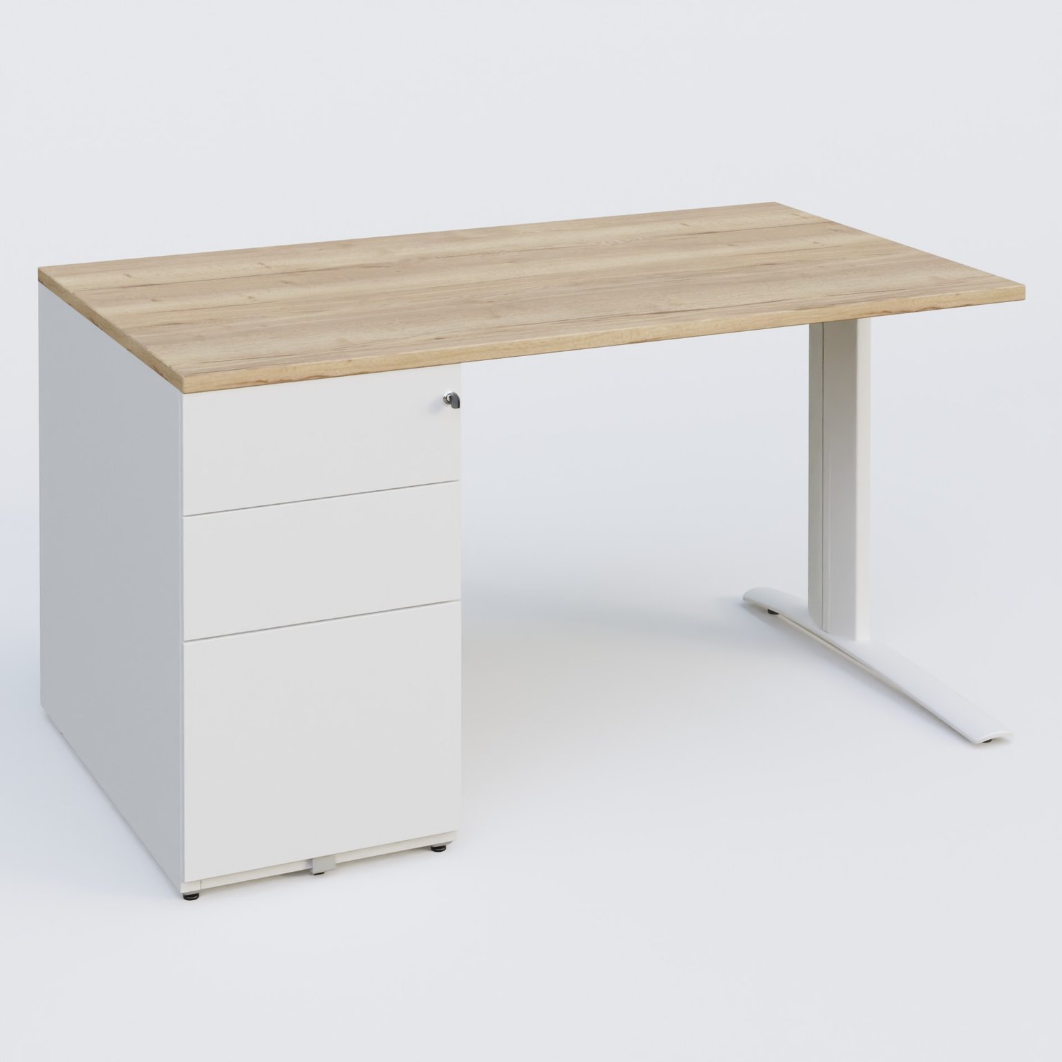 K1 Plateau droit 140x80 avec caisson métal porteur sous plateau à gauche. Plateau Chêne naturel et pietement Blanc