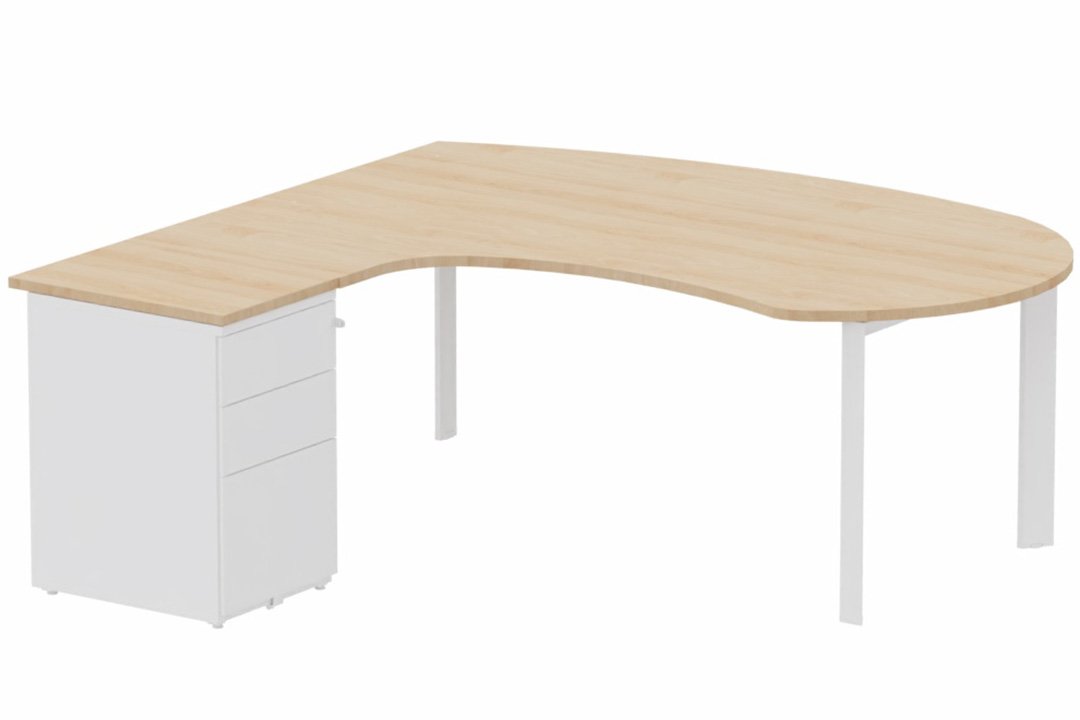 K7 compact 90° manager 190x141x104x60cm sur caisson HB métal 3 tiroirs, plateau hêtre, structure blanc