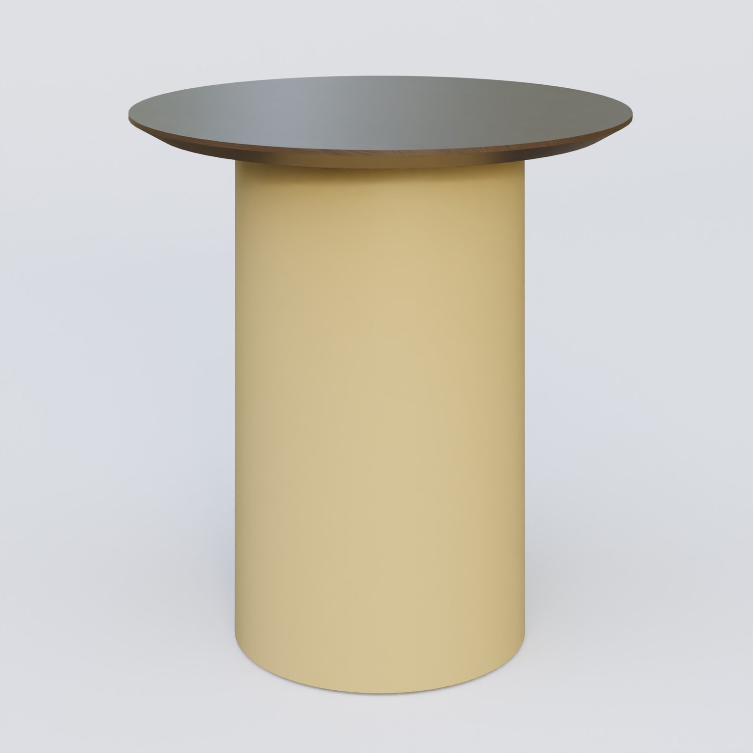 Table Basse Fashion Styl piètement colonne en métal D-26cm et plateau bois. Plateau Chêne Moka et pietement Jaune Cuivre (RAL 1002).