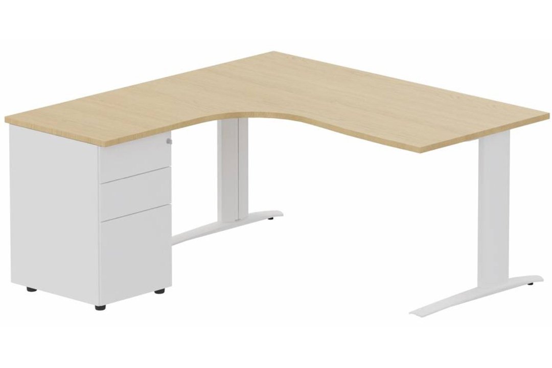k1 Poutre -  Plan compact 90° asymétrique 180x162x80 / 60cm avec caisson HB métal 3 tiroirs - retour à gauche -