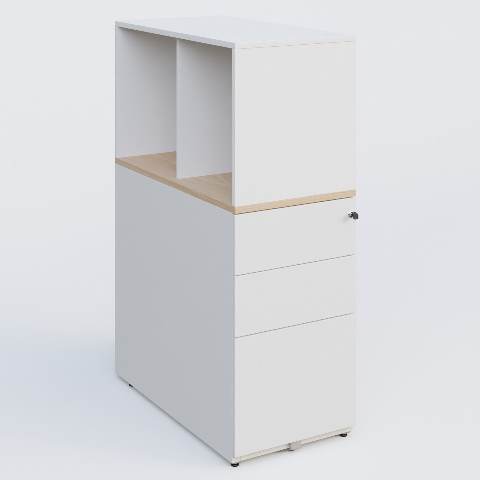 Caisson HB 3 tiroirs avec niche. Caisson Blanc top de finition Hêtre et niche blanche.